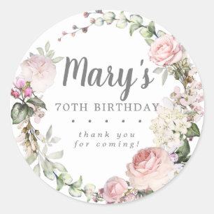 ピンク素朴フローラ70誕生日ありがとう ラウンドシール
