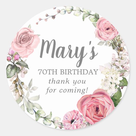ピンク素朴フローラ70誕生日ありがとう ラウンドシール (正面)