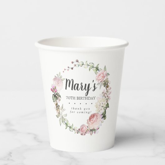 ピンク素朴フローラ70thバースデーパーティー紙カップ 紙コップ (正面)