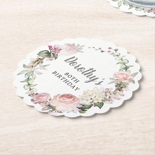 ピンク素朴フローラ80誕生日 ペーパーコースター (アングル)