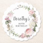 ピンク素朴フローラ80誕生日 ペーパーコースター (正面)
