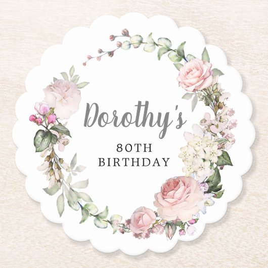 ピンク素朴フローラ80誕生日 ペーパーコースター (正面)