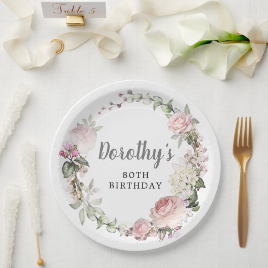ピンク素朴フローラ80誕生日 ペーパープレート (ウェディング)