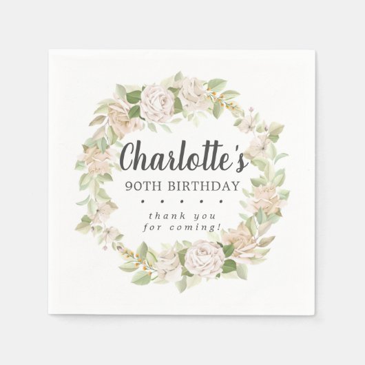 ピンク素朴フローラ90thバースデーパーティーナプキンス スタンダードカクテルナプキン (正面)