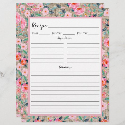 ピンク素朴フローラBurlapレシピバインダーページ (正面/裏面)