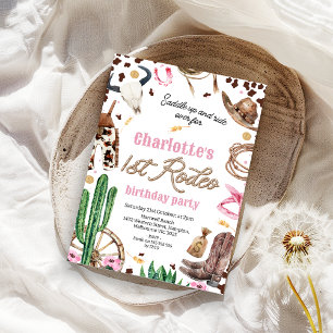 ピンク素朴ブラウンガールズ1stロデオ1st誕生日 招待状