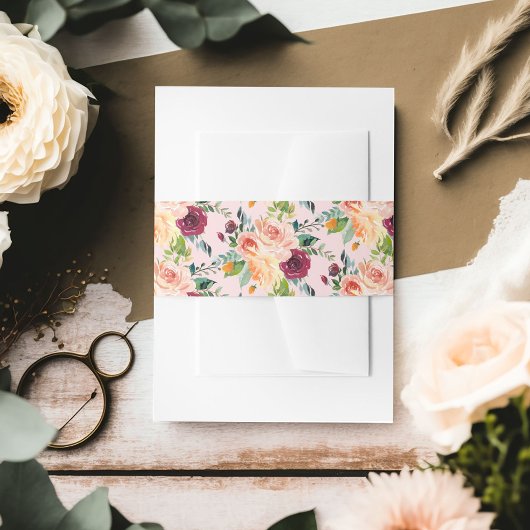 ピンク素朴ブルゴーニュ花柄秋の結婚式 招待状ベリーバンド