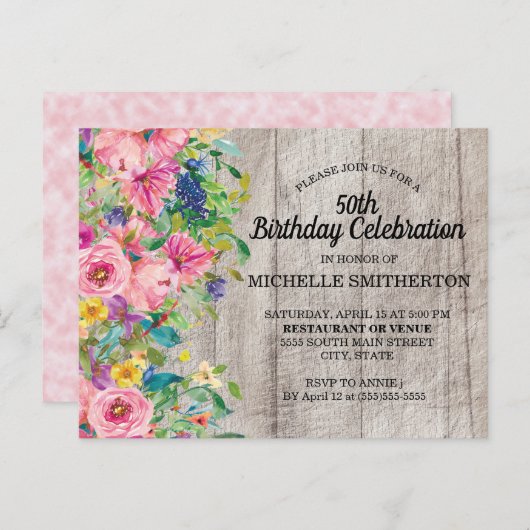 ピンク素朴ブルーウォーターフローラ50誕生日 ポストカード (正面/裏面)