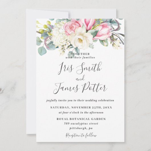 ピンク素朴ホワイトローズマグノリアヒドランゲア結婚ズ 招待状 (正面)