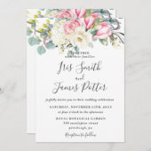 ピンク素朴ホワイトローズマグノリアヒドランゲア結婚ズ 招待状 (正面/裏面)