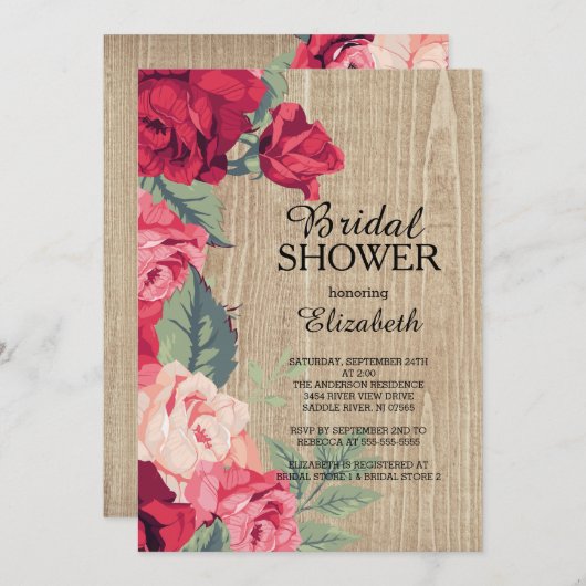 ピンク素朴レッドフラワーブライダルシャワーの招待 招待状 (正面/裏面)