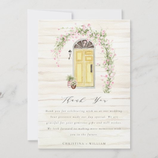 ピンク素朴ローズコテージ庭園の結婚式ベージュ サンキューカード (正面)