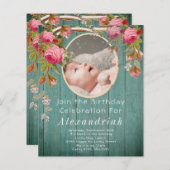 ピンク素朴ローズズティール（緑がかった色）ブルーバーンウッド誕生日 (正面/裏面)