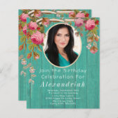 ピンク素朴ローズズティール（緑がかった色）ブルーバーンウッド誕生日 (正面/裏面)