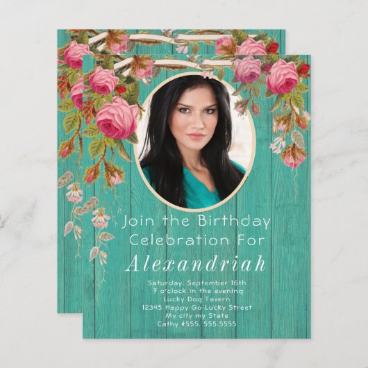 ピンク素朴ローズズティール（緑がかった色）ブルーバーンウッド誕生日 (正面/裏面)