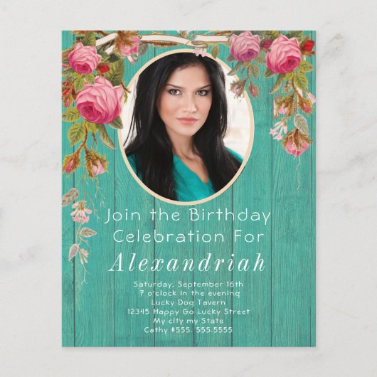 ピンク素朴ローズズティール（緑がかった色）ブルーバーンウッド誕生日 (正面)