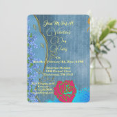 ピンク素朴ローズバレンタインデーパーティーブルーフローラ 招待状 (スタンド正面)