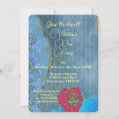 ピンク素朴ローズバレンタインデーパーティーブルーフローラ 招待状 (正面)