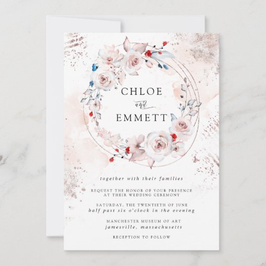 ピンク素朴ローズフローラと金ゴールド結婚ズ 招待状 (正面)