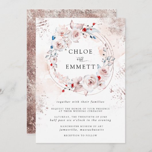 ピンク素朴ローズフローラと金ゴールド結婚ズ 招待状 (正面/裏面)