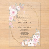 ピンク素朴ローズフローラ第一聖餐式 アクリル招待状 (正面)