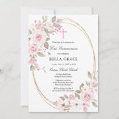ピンク素朴ローズフローラ第一聖餐式 招待状 (正面)