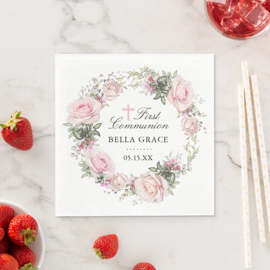 ピンク素朴ローズフローラ第1聖餐式 スタンダードランチョンナプキン (インサイチュ)