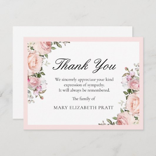 ピンク素朴ローズフローラ葬儀サンキューカード サンキューカード (正面/裏面)