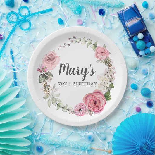 ピンク素朴ローズフローラ70番目の誕生日紙プレート ペーパープレート (パーティー)