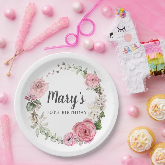 ピンク素朴ローズフローラ70番目の誕生日紙プレート ペーパープレート (パーティー)