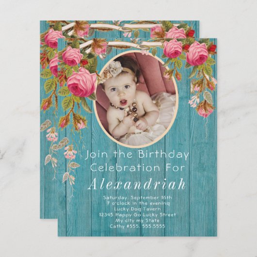 ピンク素朴ローズブルーバーンウッド誕生日 (正面/裏面)