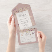 ピンク素朴ワイルドフラワーフレームディナー オールインワン招待状 (貼ってはがせる)