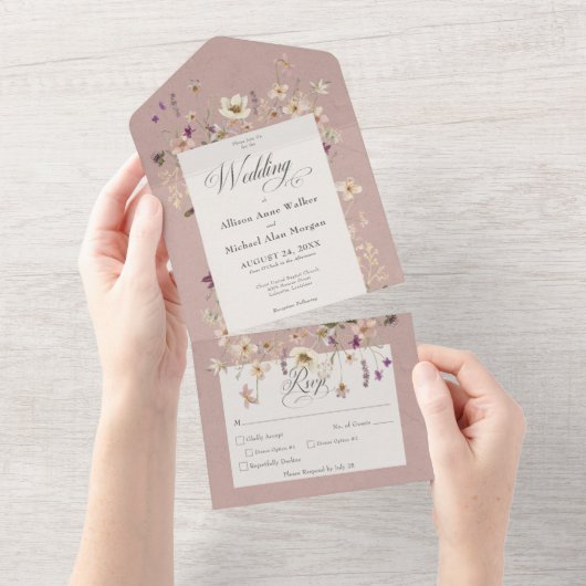 ピンク素朴ワイルドフラワーフレームディナー オールインワン招待状 (貼ってはがせる)