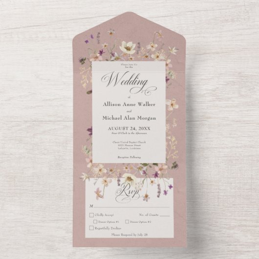 ピンク素朴ワイルドフラワーフレームディナー オールインワン招待状 (内側)