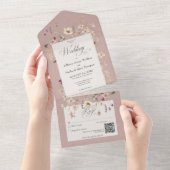 ピンク素朴ワイルドフラワーフレームQRコード オールインワン招待状 (貼ってはがせる)