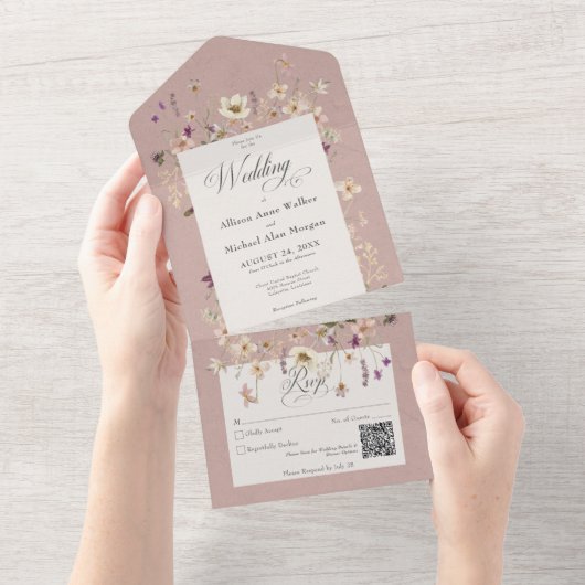 ピンク素朴ワイルドフラワーフレームQRコード オールインワン招待状 (貼ってはがせる)