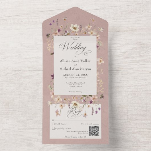 ピンク素朴ワイルドフラワーフレームQRコード オールインワン招待状 (内側)