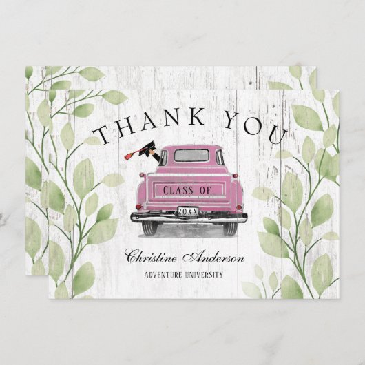 ピンク素朴ヴィンテージトラックの緑の卒業 サンキューカード (正面/裏面)