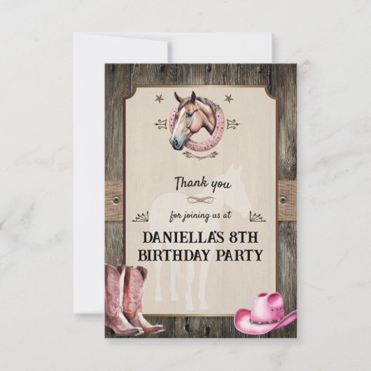 ピンク素朴乗馬の誕生日パーティー サンキューカード (正面)