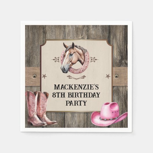 ピンク素朴乗馬の誕生日パーティー スタンダードカクテルナプキン (正面)