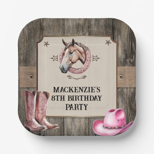 ピンク素朴乗馬の誕生日パーティー ペーパープレート (正面)