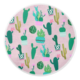 ピンク素朴南西部サボテン植物 セラミックノブ