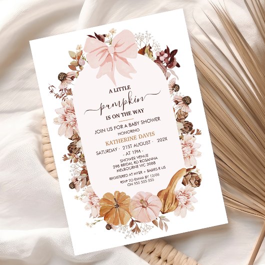 ピンク素朴秋リトルカボチャ赤ちゃんシャワー 招待状