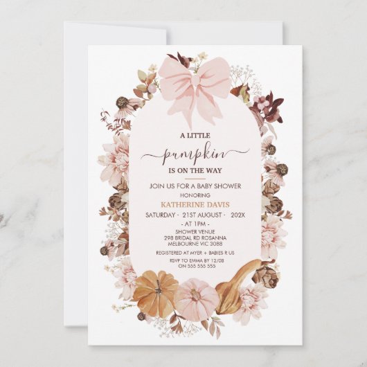 ピンク素朴秋リトルカボチャ赤ちゃんシャワー 招待状 (正面)