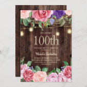 ピンク素朴紫色の花ひも100th 招待状 (正面/裏面)