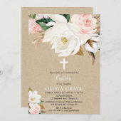 ピンク素朴色の白フローラ少女の洗礼 招待状 (正面/裏面)
