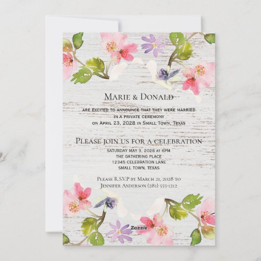 ピンク素朴花模様オンホワイトウッドたった今結婚しました シーズンカード (裏面)