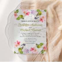 ピンク素朴花模様オンホワイトウッド招待状