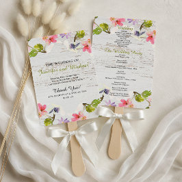 ピンク素朴花模様オンホワイトウッド結婚式 プログラム ハンドファン