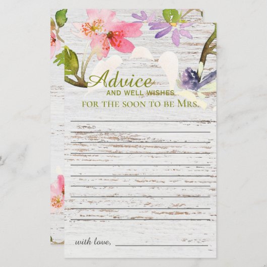 ピンク素朴花模様ブライダルシャワーアドバイス (正面/裏面)